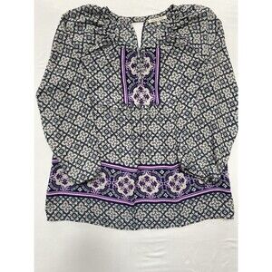Black Rainn Cottagecore Boho Medallion Print Peasant Blouse Top - Size L